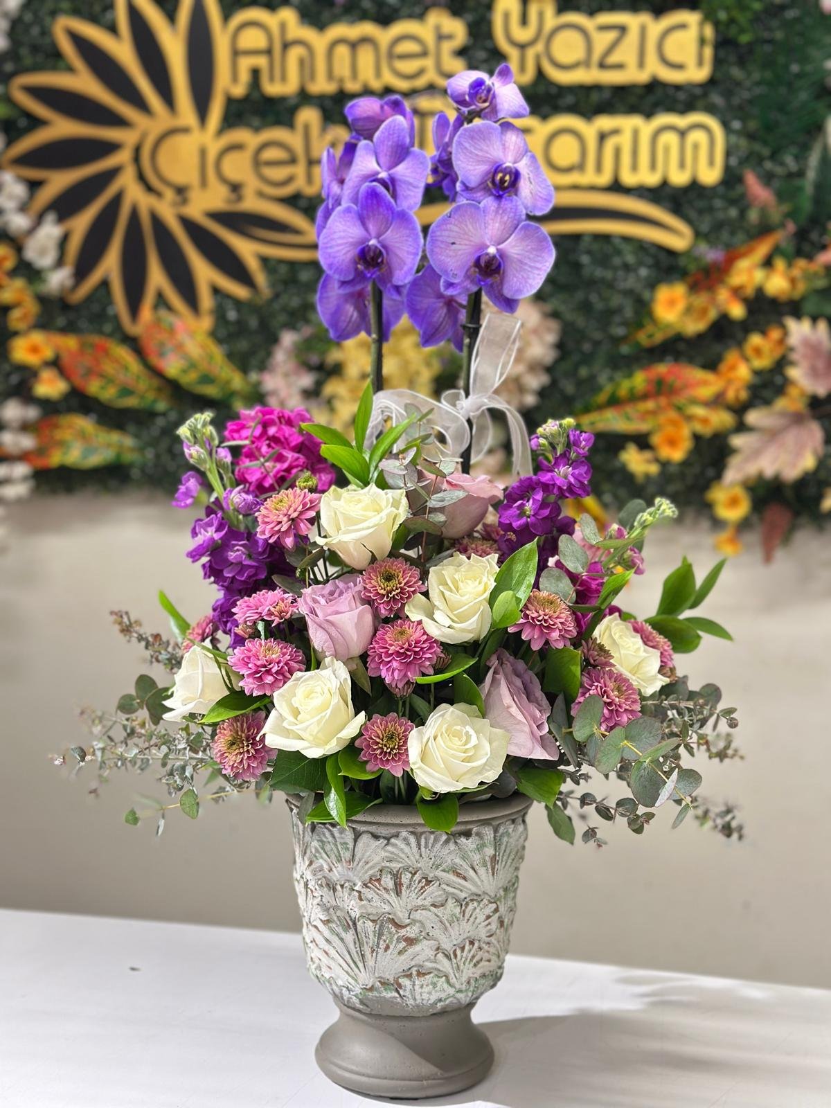 Özel saksıda süslemeli lila renk orkide